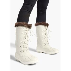 ShoeDazzle Solene Winter Boots Women 6 Cabin Core Faux Fur Trim Lace Up Bone
